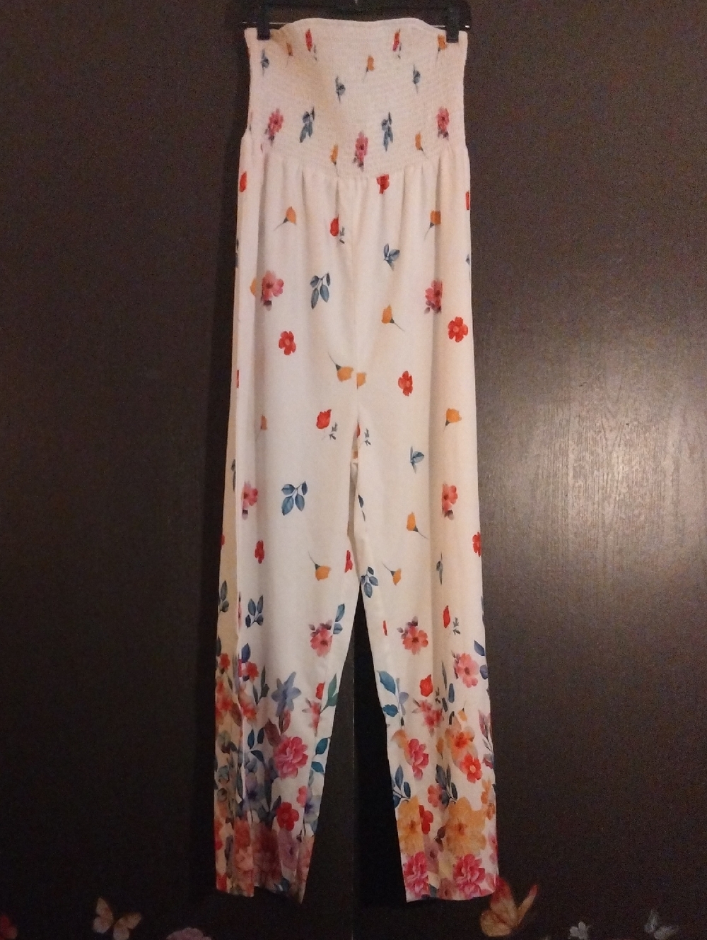 Smocked-Waist White Floral Jumpsuit